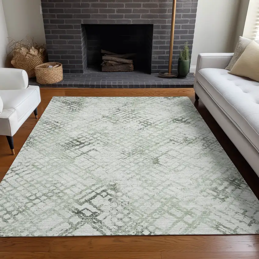 Green And Ivory Abstract Geometric Washable Area Rug With UV Protection Photo 5