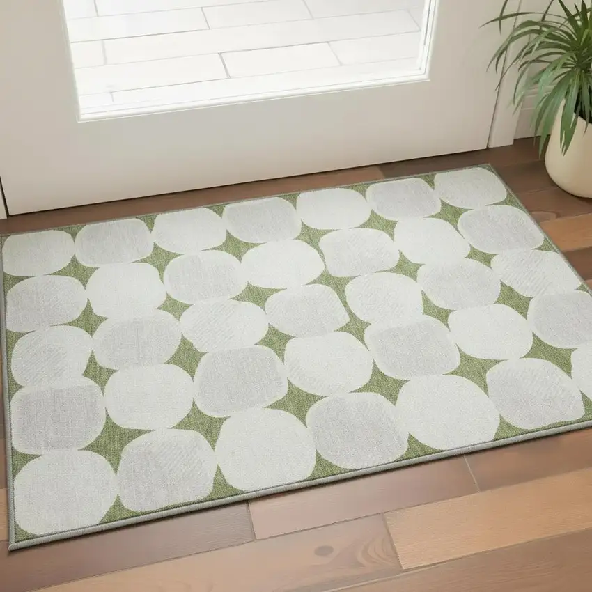 Green And Ivory Abstract Geometric Washable Area Rug With UV Protection Photo 2