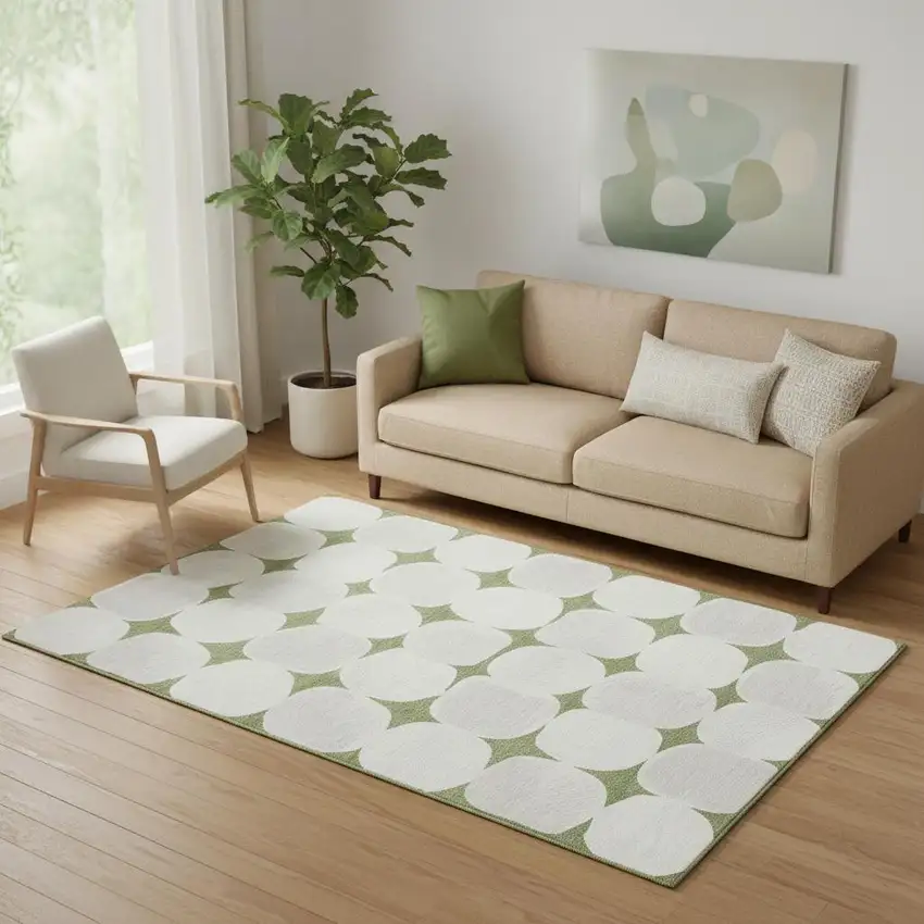 Green And Ivory Abstract Geometric Washable Area Rug With UV Protection Photo 1