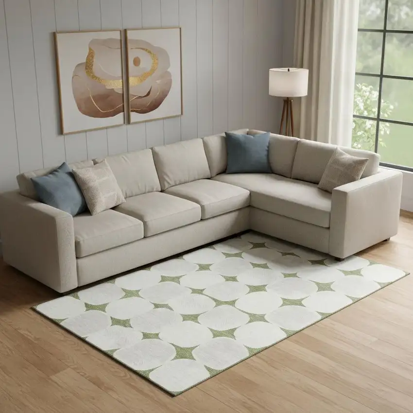 Green And Ivory Abstract Geometric Washable Area Rug With UV Protection Photo 1