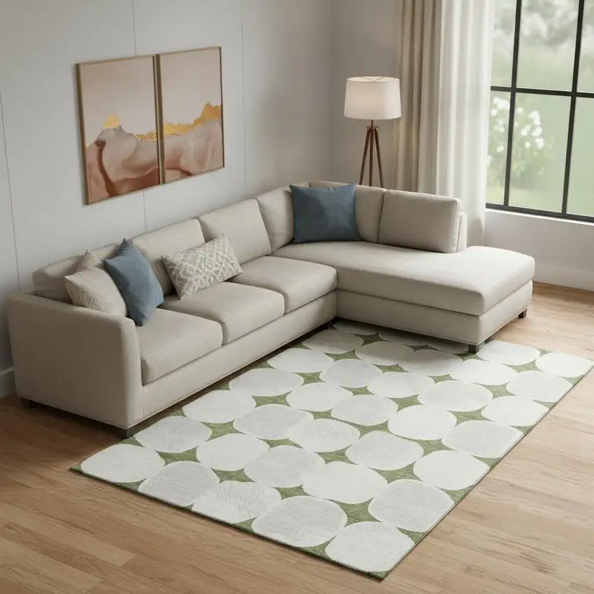 Green And Ivory Abstract Geometric Washable Area Rug With UV Protection Photo 1