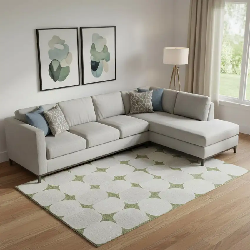 Green And Ivory Abstract Geometric Washable Area Rug With UV Protection Photo 1