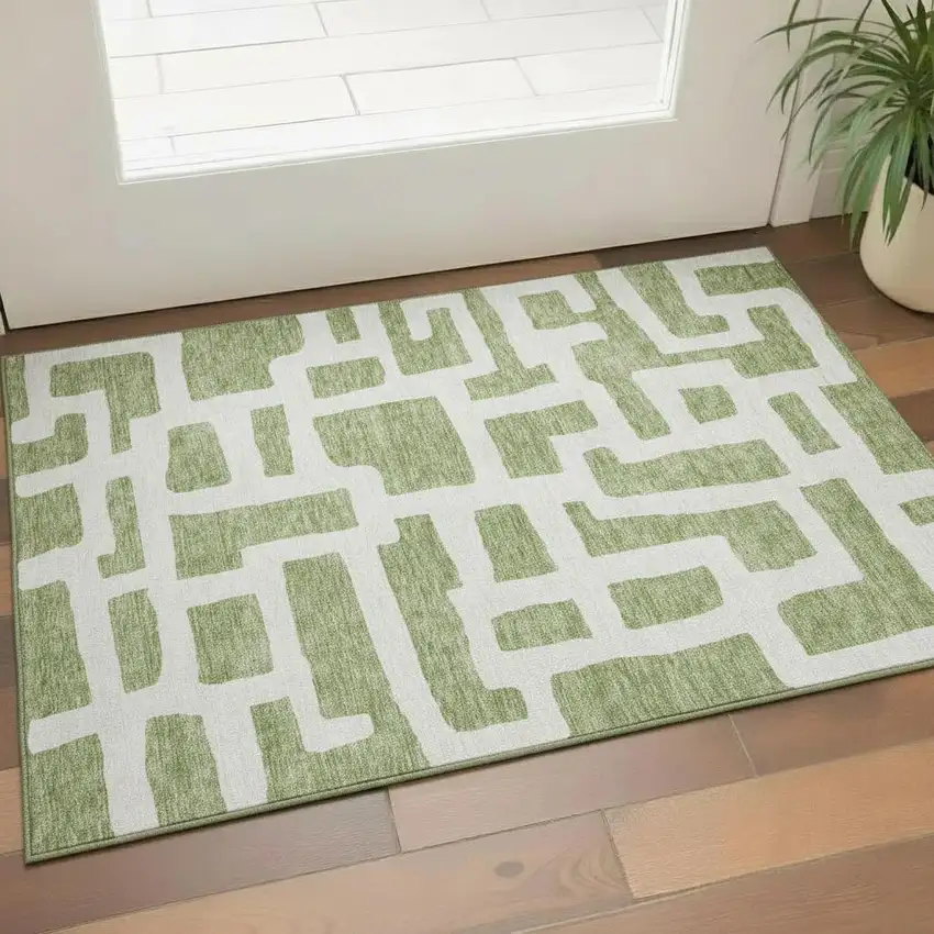 Green And Ivory Abstract Geometric Washable Area Rug With UV Protection Photo 1