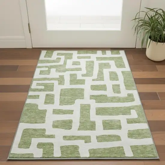 Green And Ivory Abstract Geometric Washable Area Rug With UV Protection Photo 2