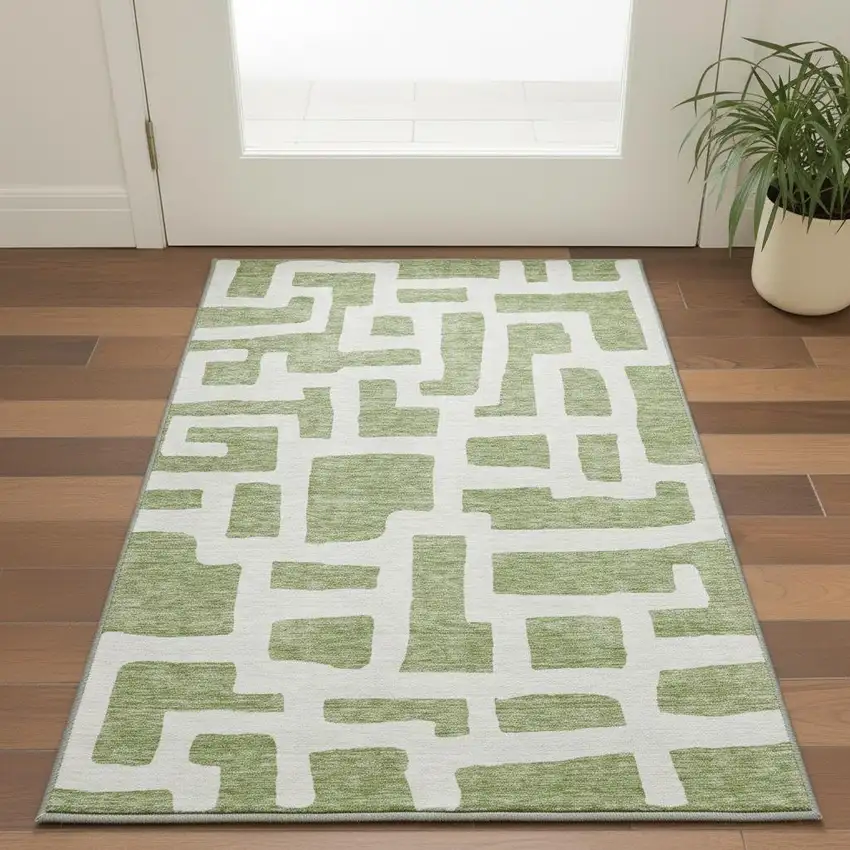 Green And Ivory Abstract Geometric Washable Area Rug With UV Protection Photo 2