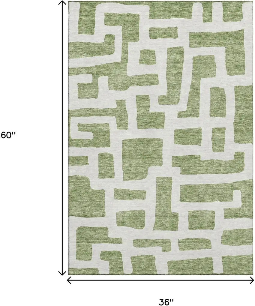 Green And Ivory Abstract Geometric Washable Area Rug With UV Protection Photo 3