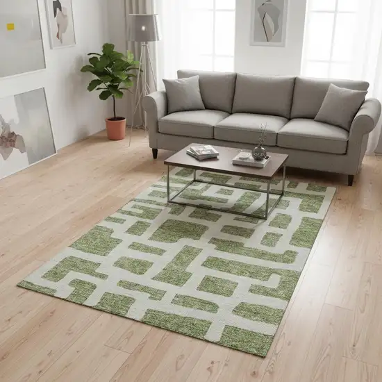 Green And Ivory Abstract Geometric Washable Area Rug With UV Protection Photo 2