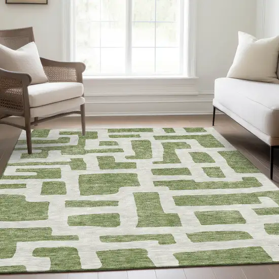 Green And Ivory Abstract Geometric Washable Area Rug With UV Protection Photo 6