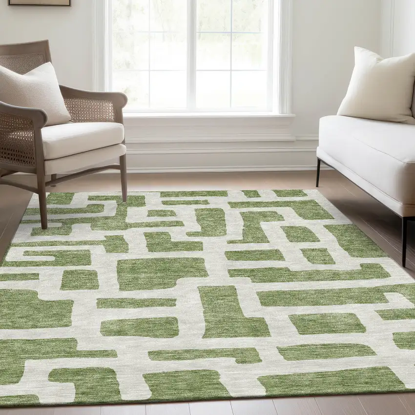 Green And Ivory Abstract Geometric Washable Area Rug With UV Protection Photo 6