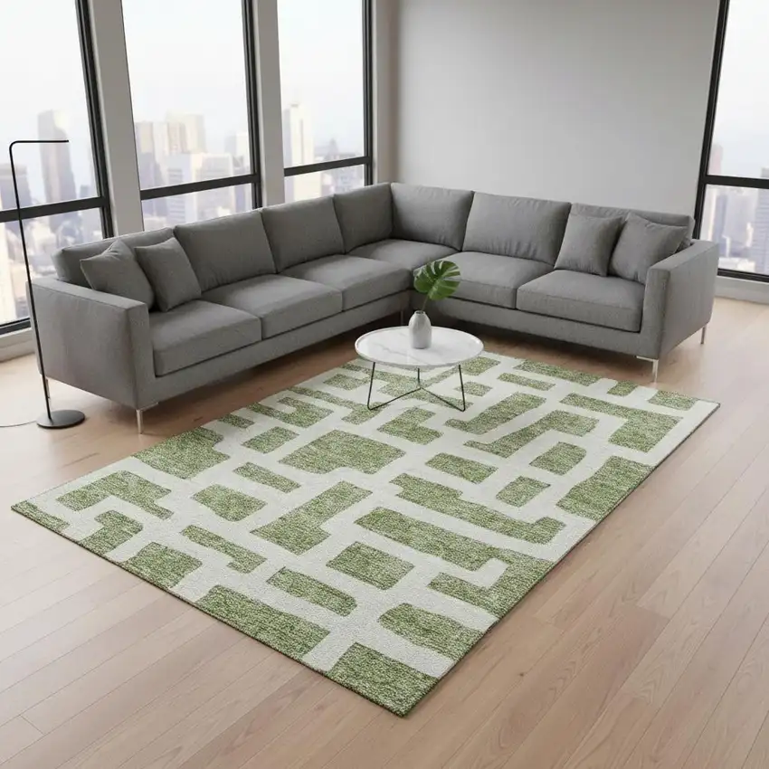 Green And Ivory Abstract Geometric Washable Area Rug With UV Protection Photo 2