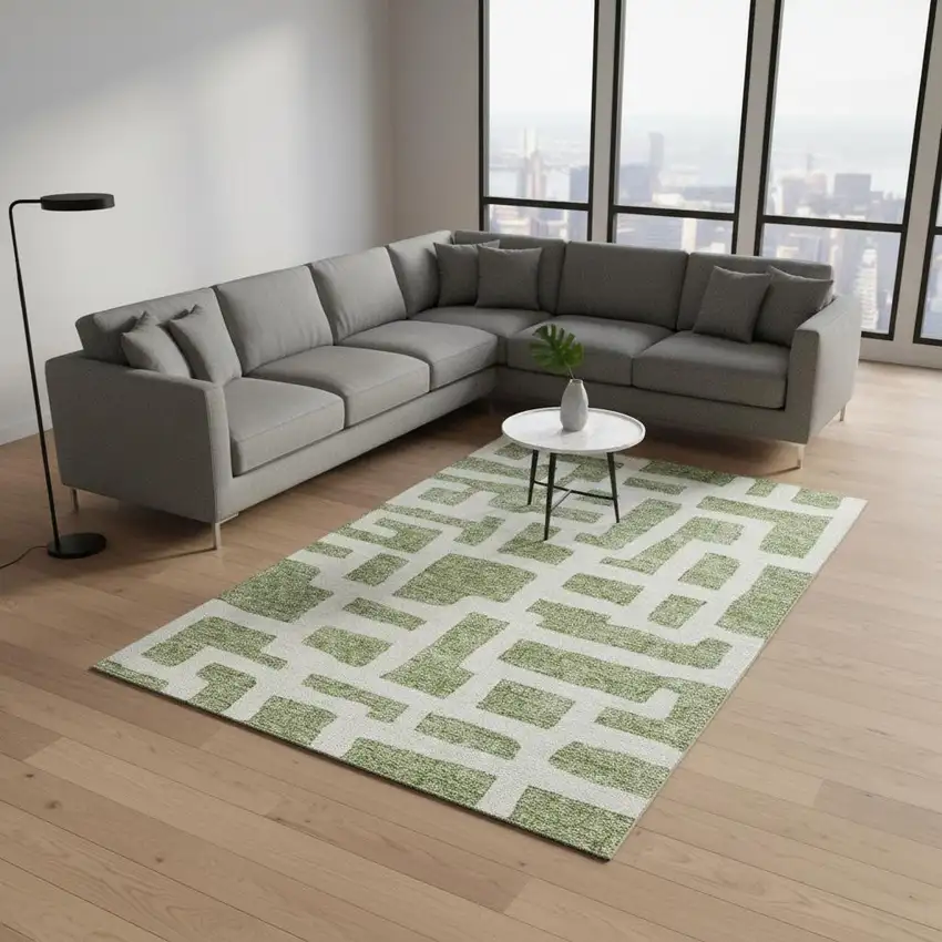 Green And Ivory Abstract Geometric Washable Area Rug With UV Protection Photo 2