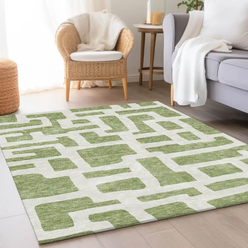 Green And Ivory Abstract Geometric Washable Area Rug With UV Protection Photo 5