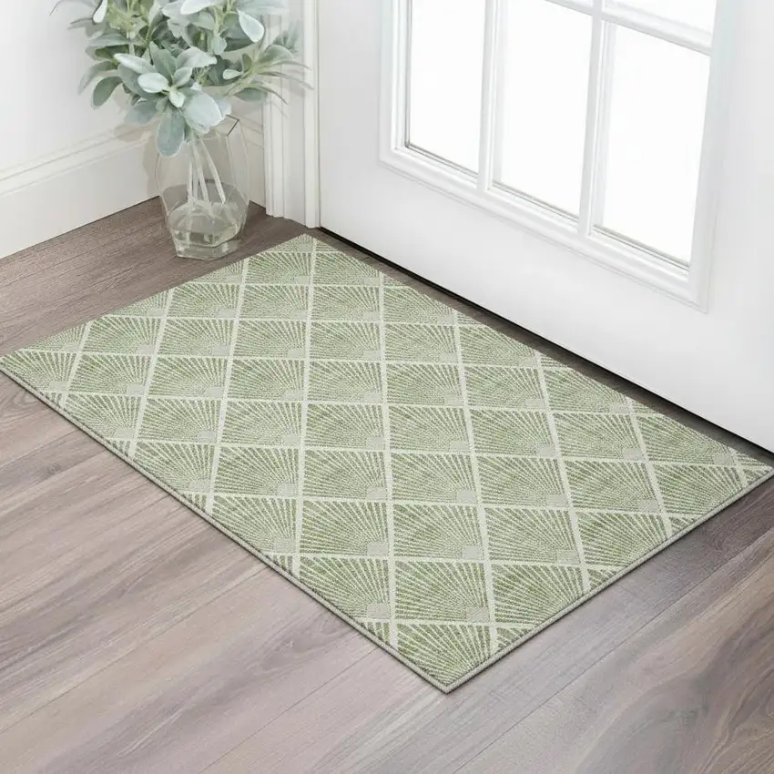 Green And Ivory Abstract Geometric Washable Area Rug With UV Protection Photo 2