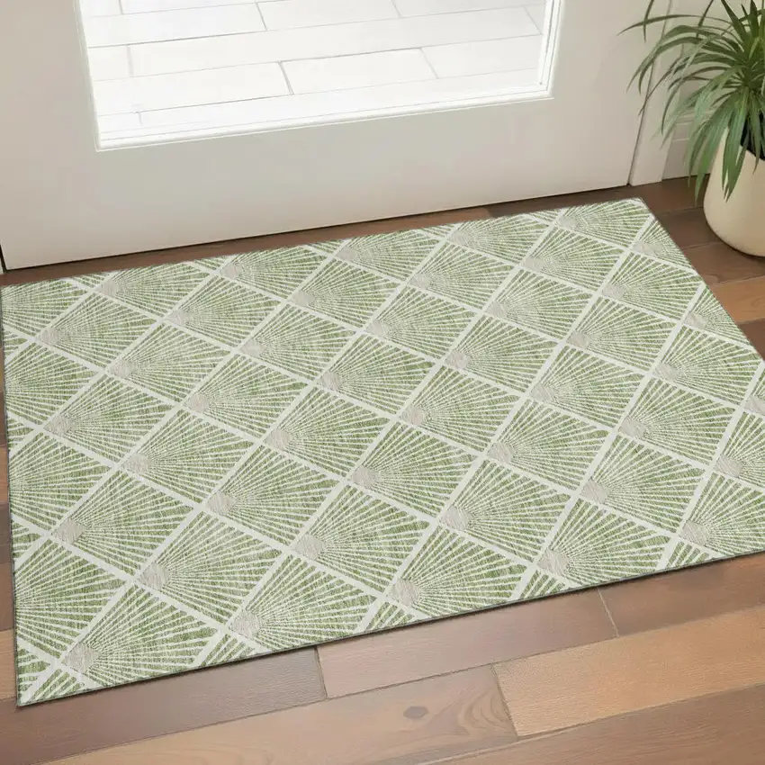 Green And Ivory Abstract Geometric Washable Area Rug With UV Protection Photo 1