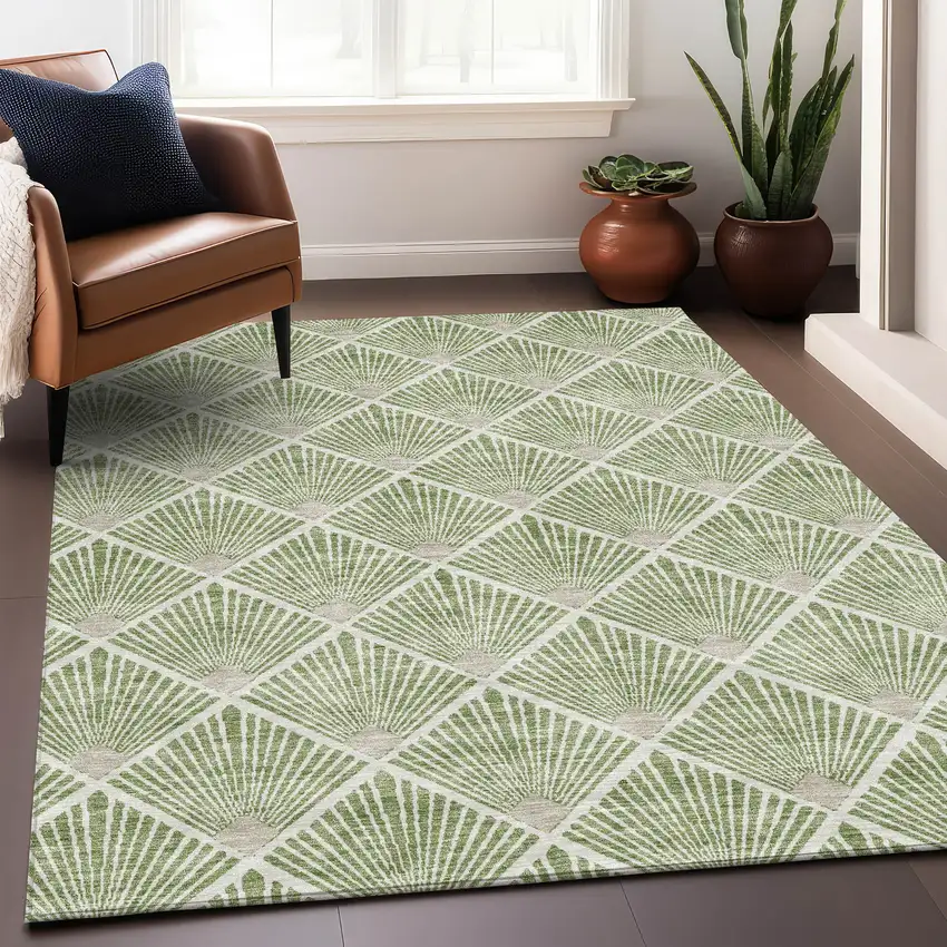 Green And Ivory Abstract Geometric Washable Area Rug With UV Protection Photo 5