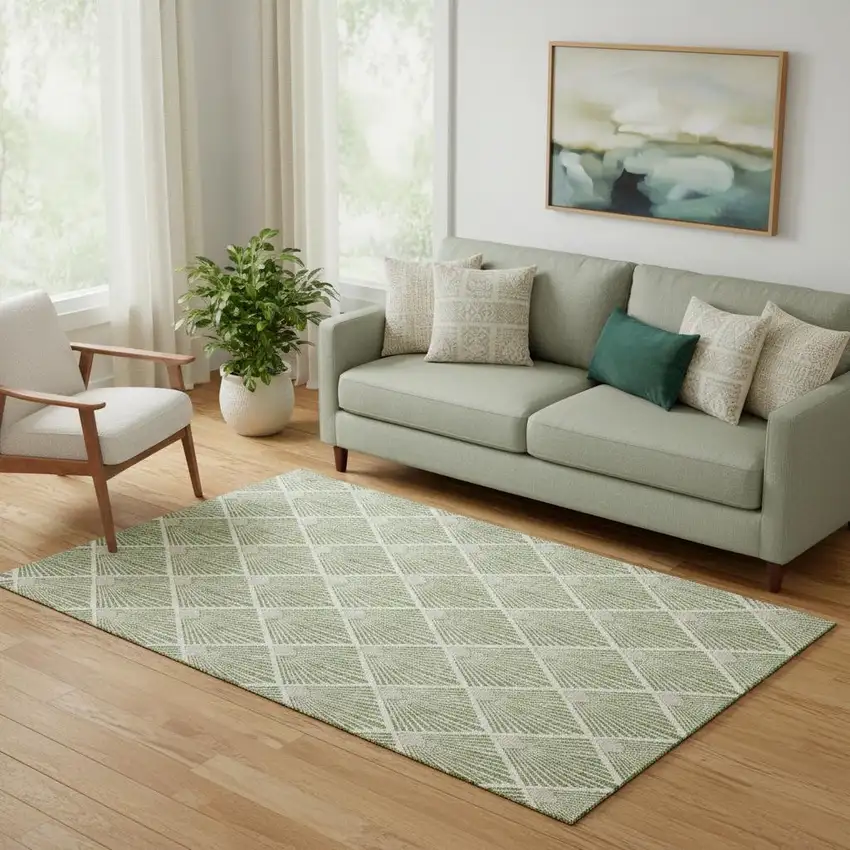Green And Ivory Abstract Geometric Washable Area Rug With UV Protection Photo 1