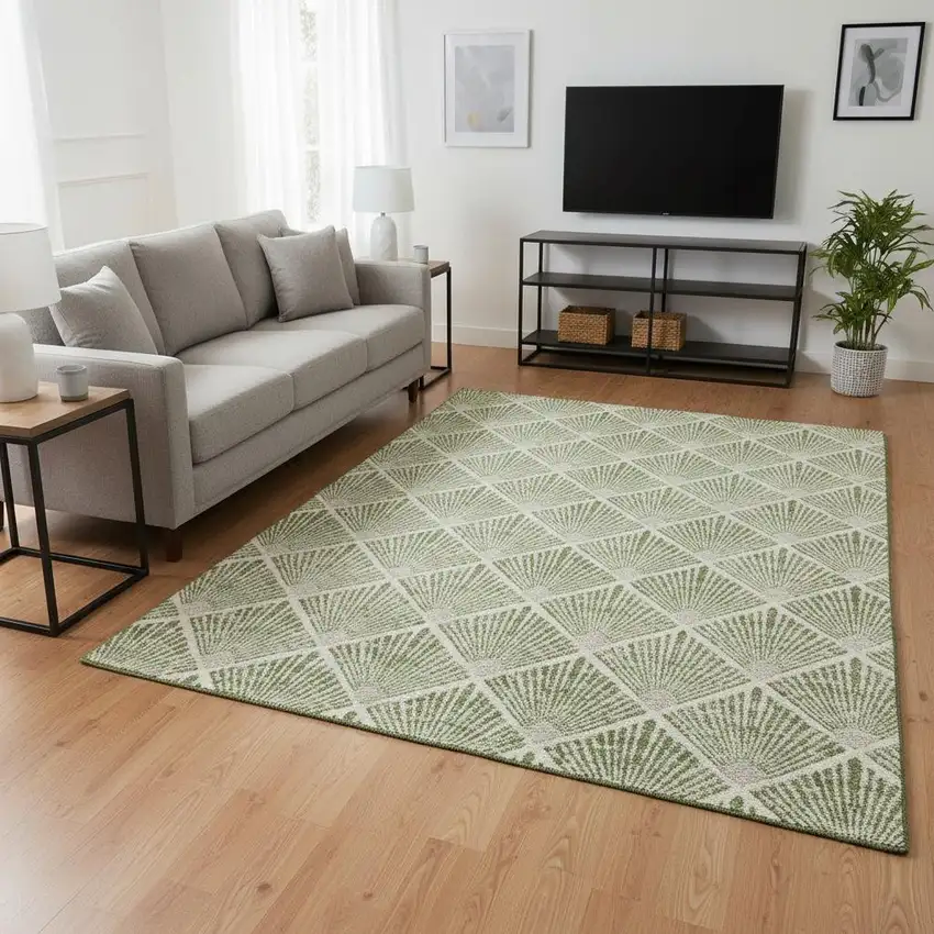 Green And Ivory Abstract Geometric Washable Area Rug With UV Protection Photo 2
