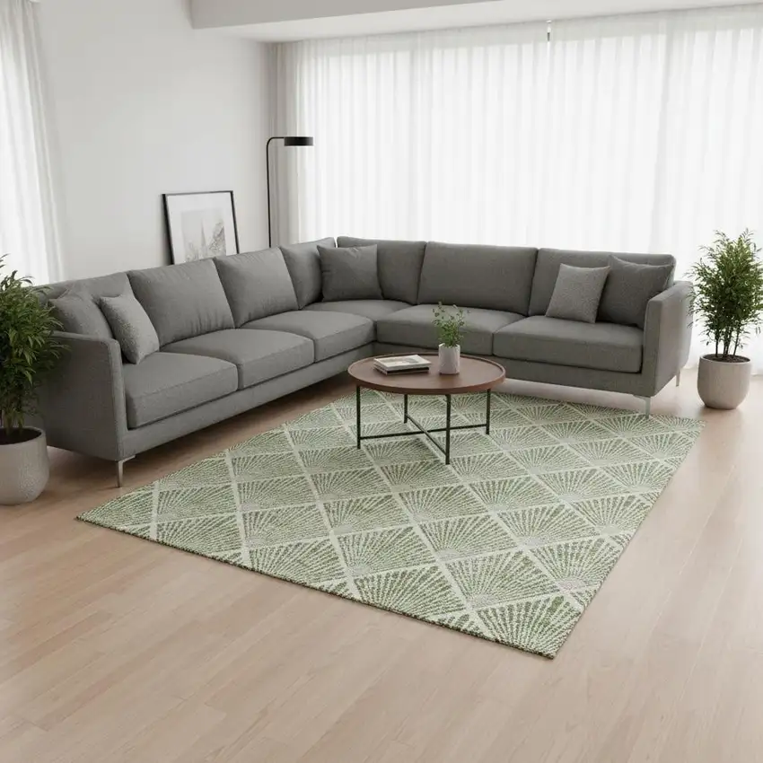 Green And Ivory Abstract Geometric Washable Area Rug With UV Protection Photo 2