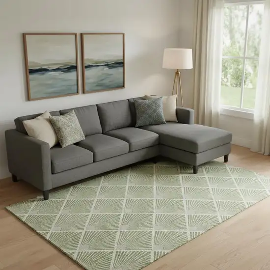 Green And Ivory Abstract Geometric Washable Area Rug With UV Protection Photo 1
