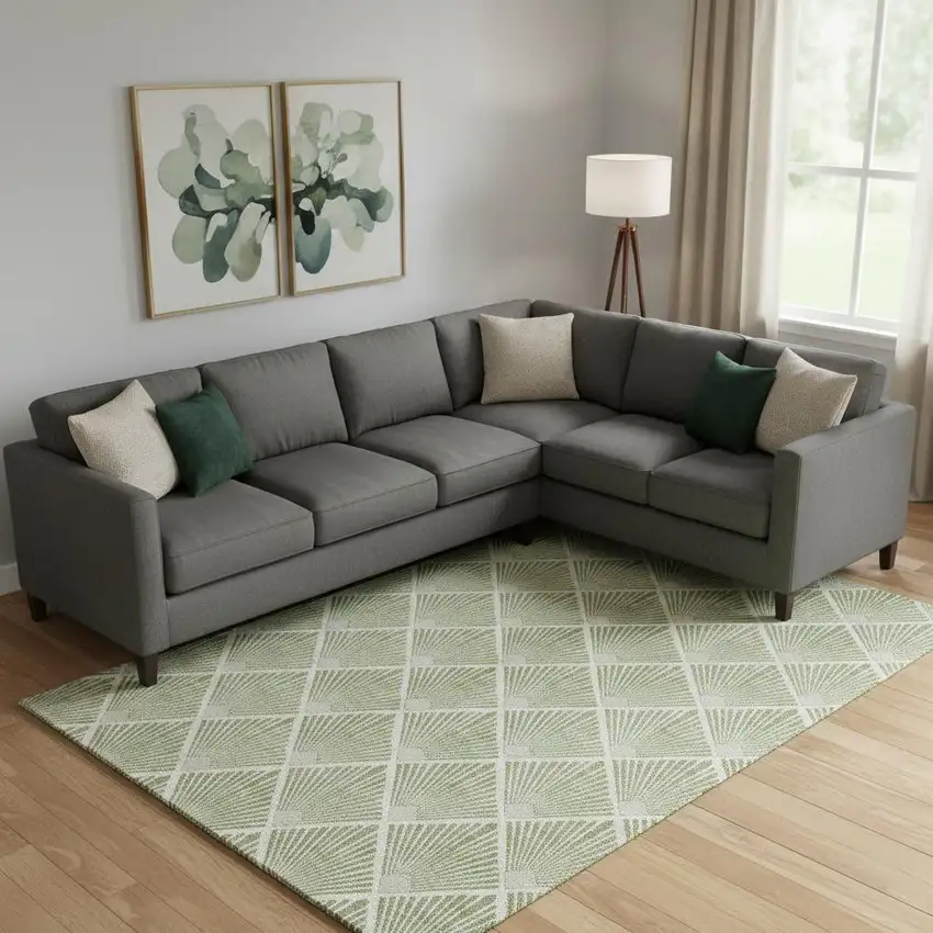 Green And Ivory Abstract Geometric Washable Area Rug With UV Protection Photo 1