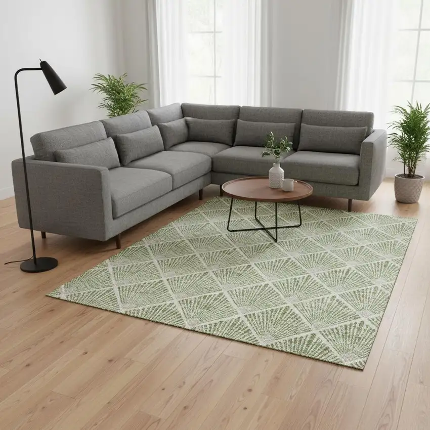 Green And Ivory Abstract Geometric Washable Area Rug With UV Protection Photo 2