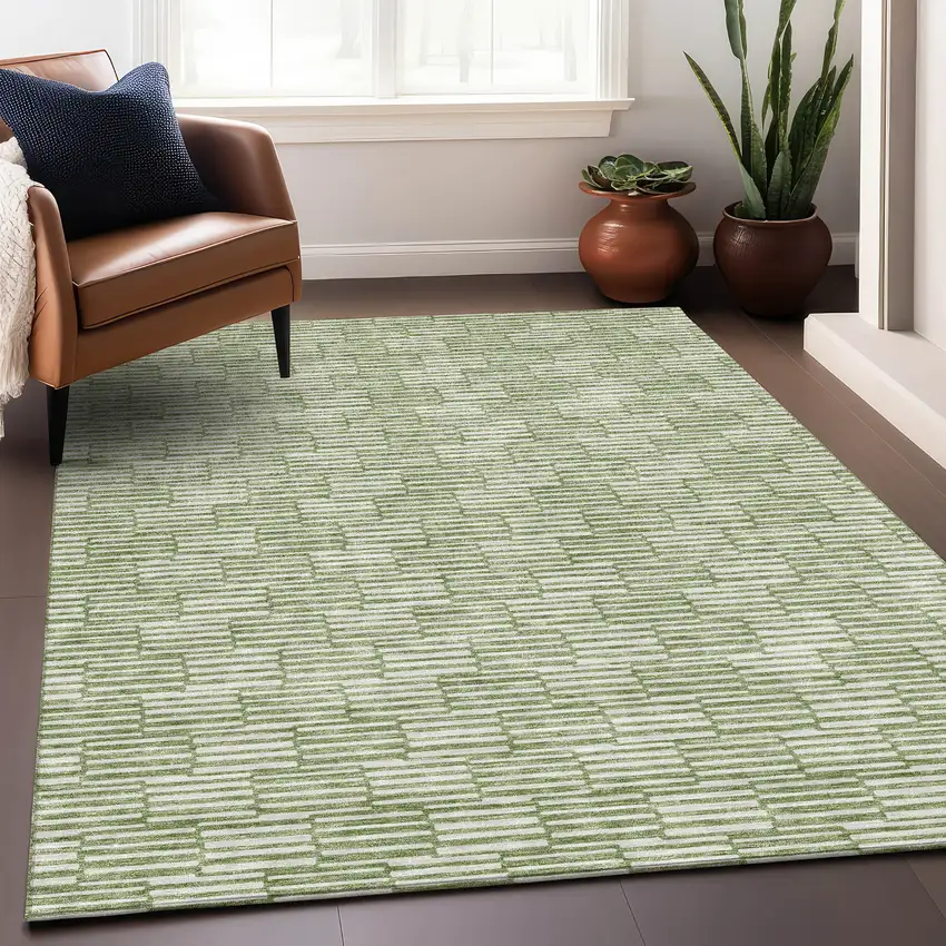 Green And Ivory Abstract Geometric Washable Area Rug With UV Protection Photo 5