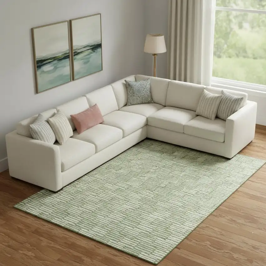 Green And Ivory Abstract Geometric Washable Area Rug With UV Protection Photo 1