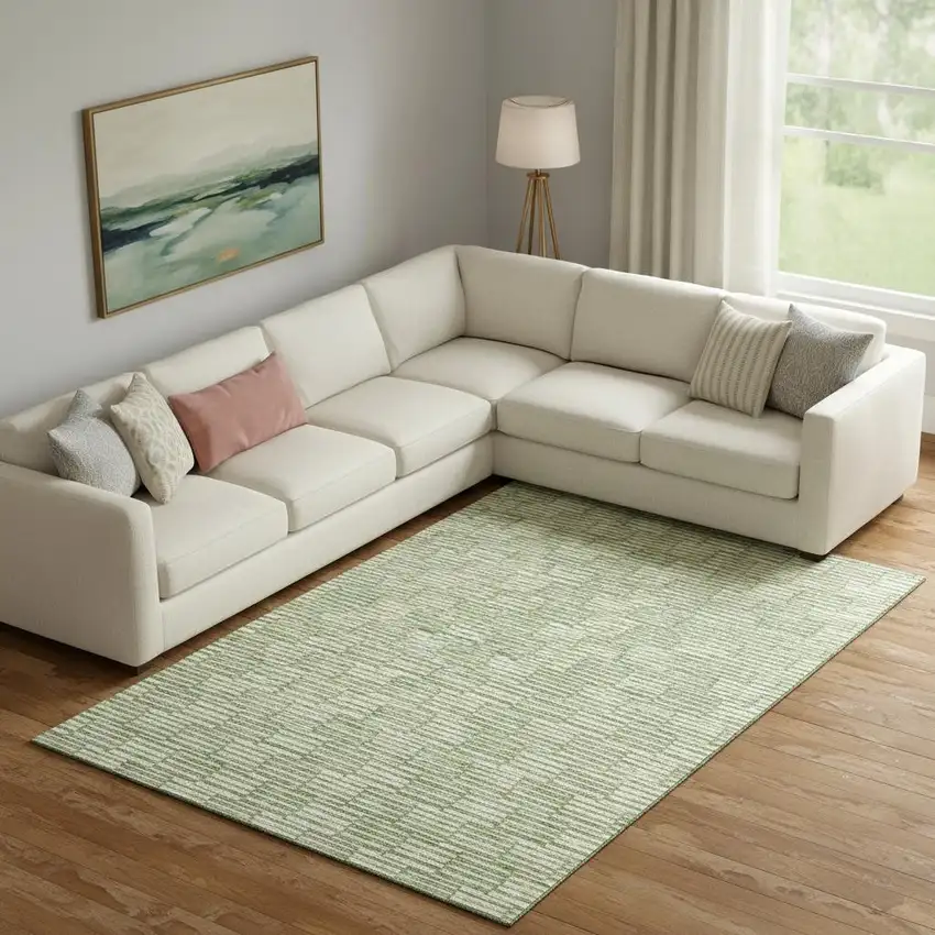 Green And Ivory Abstract Geometric Washable Area Rug With UV Protection Photo 1