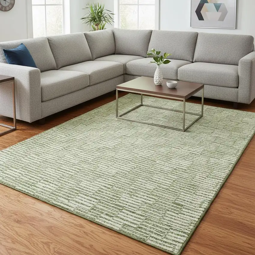 Green And Ivory Abstract Geometric Washable Area Rug With UV Protection Photo 2