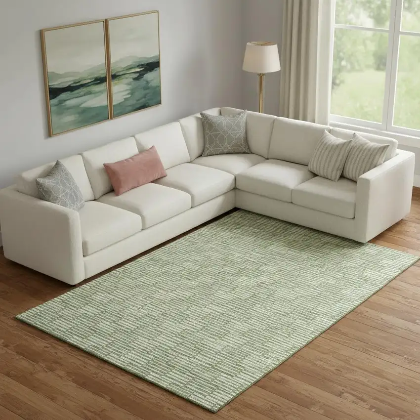 Green And Ivory Abstract Geometric Washable Area Rug With UV Protection Photo 1
