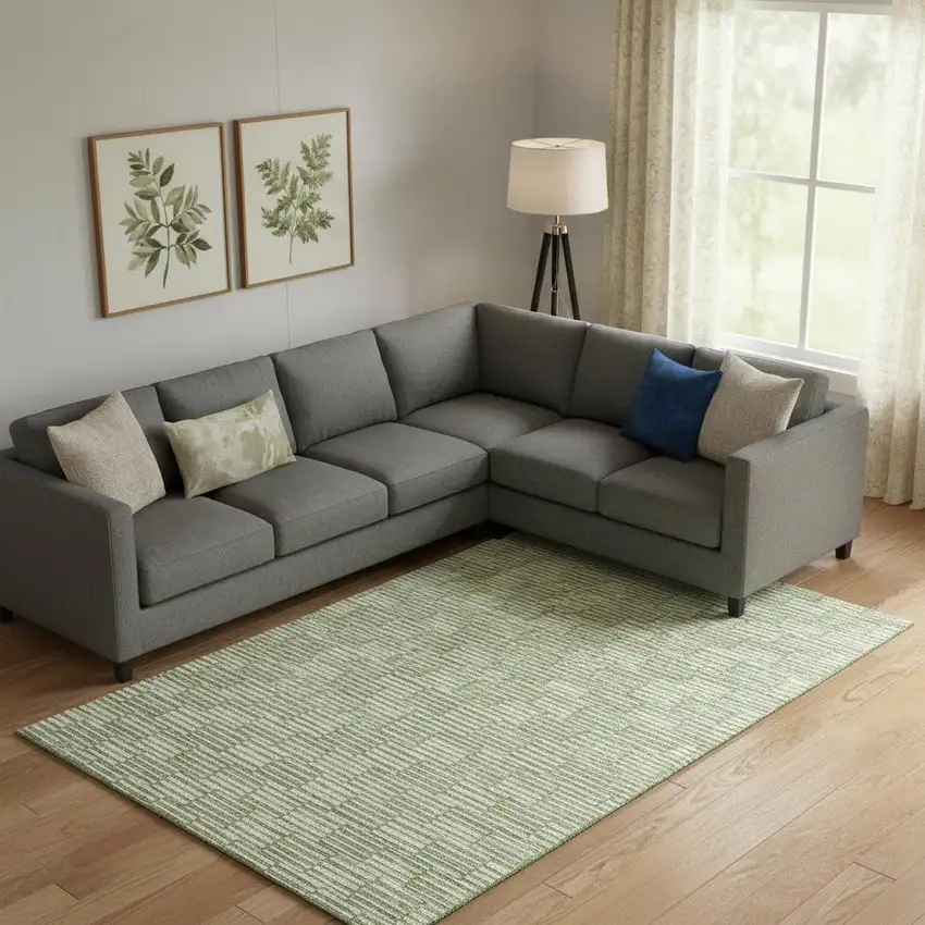 Green And Ivory Abstract Geometric Washable Area Rug With UV Protection Photo 1