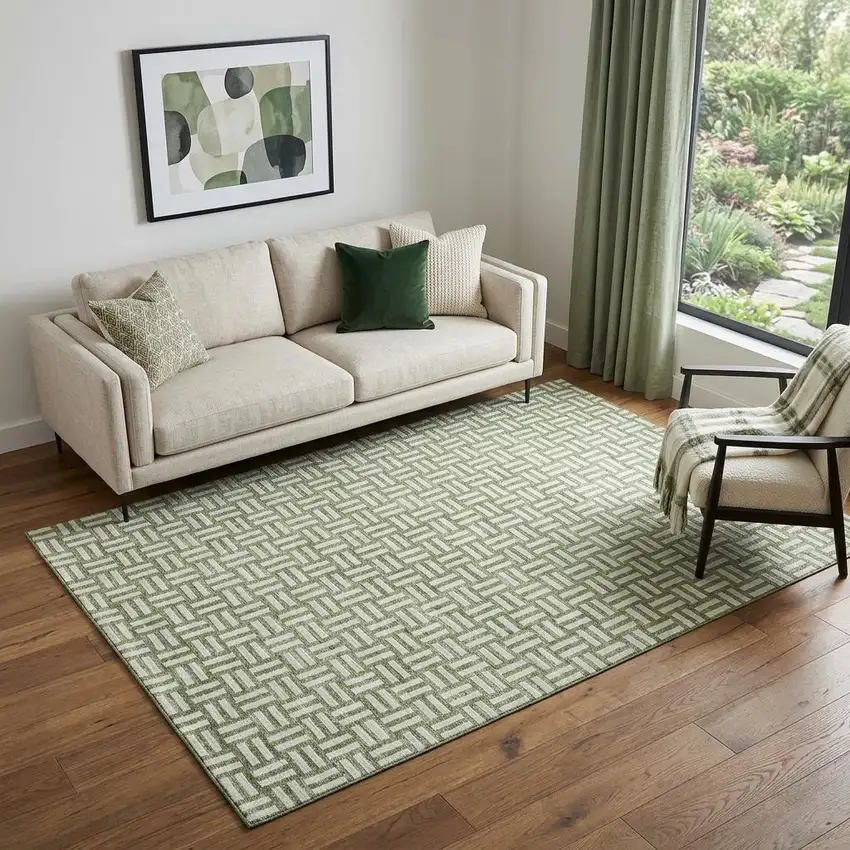 Green And Ivory Abstract Geometric Washable Area Rug With UV Protection Photo 1