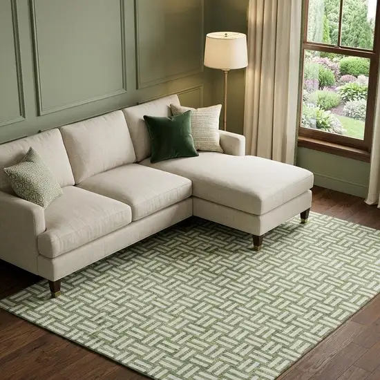 Green And Ivory Abstract Geometric Washable Area Rug With UV Protection Photo 1