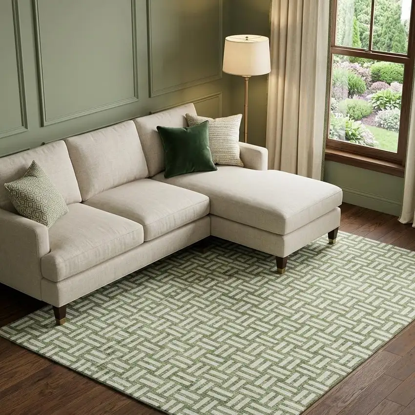 Green And Ivory Abstract Geometric Washable Area Rug With UV Protection Photo 1