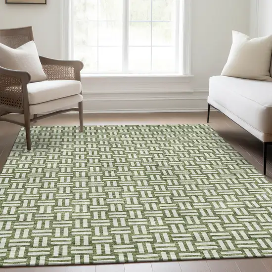 Green And Ivory Abstract Geometric Washable Area Rug With UV Protection Photo 5