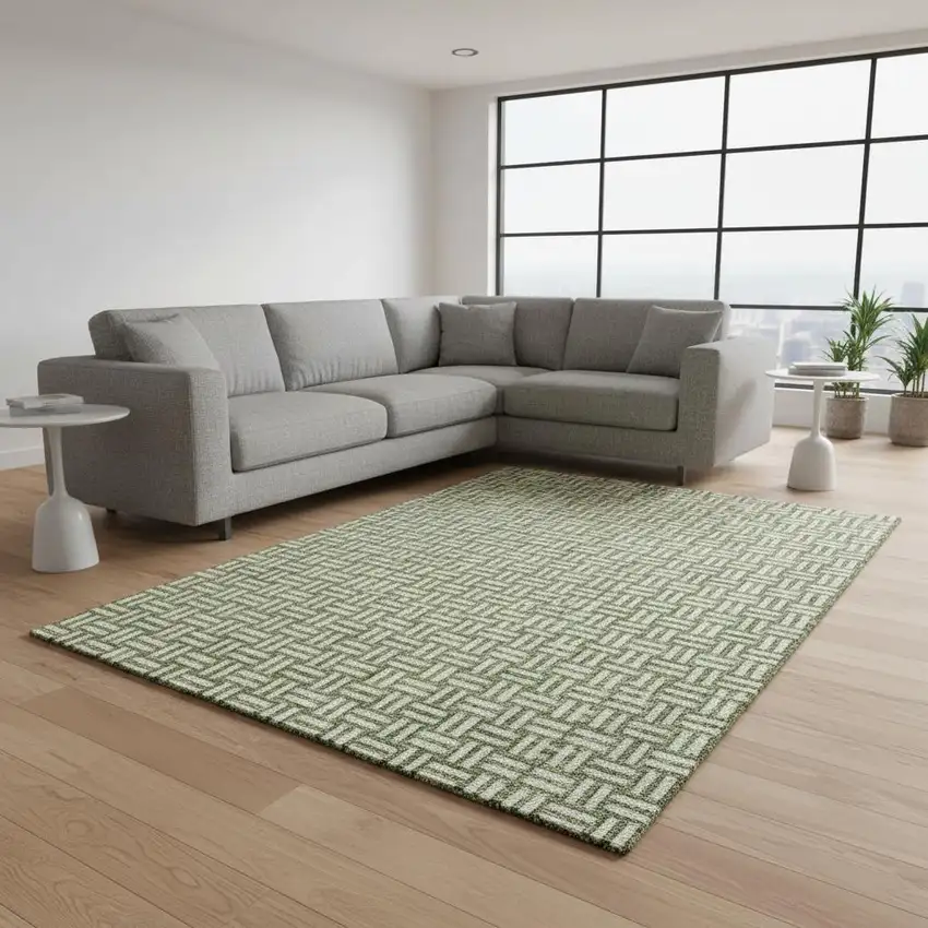 Green And Ivory Abstract Geometric Washable Area Rug With UV Protection Photo 2