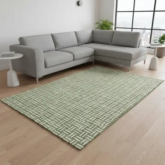 Green And Ivory Abstract Geometric Washable Area Rug With UV Protection Photo 2