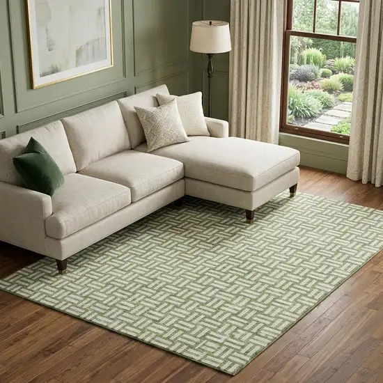 Green And Ivory Abstract Geometric Washable Area Rug With UV Protection Photo 1