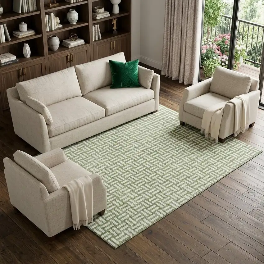 Green And Ivory Abstract Geometric Washable Area Rug With UV Protection Photo 1