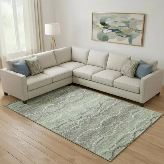 Green And Ivory Abstract Geometric Washable Area Rug With UV Protection Photo 2