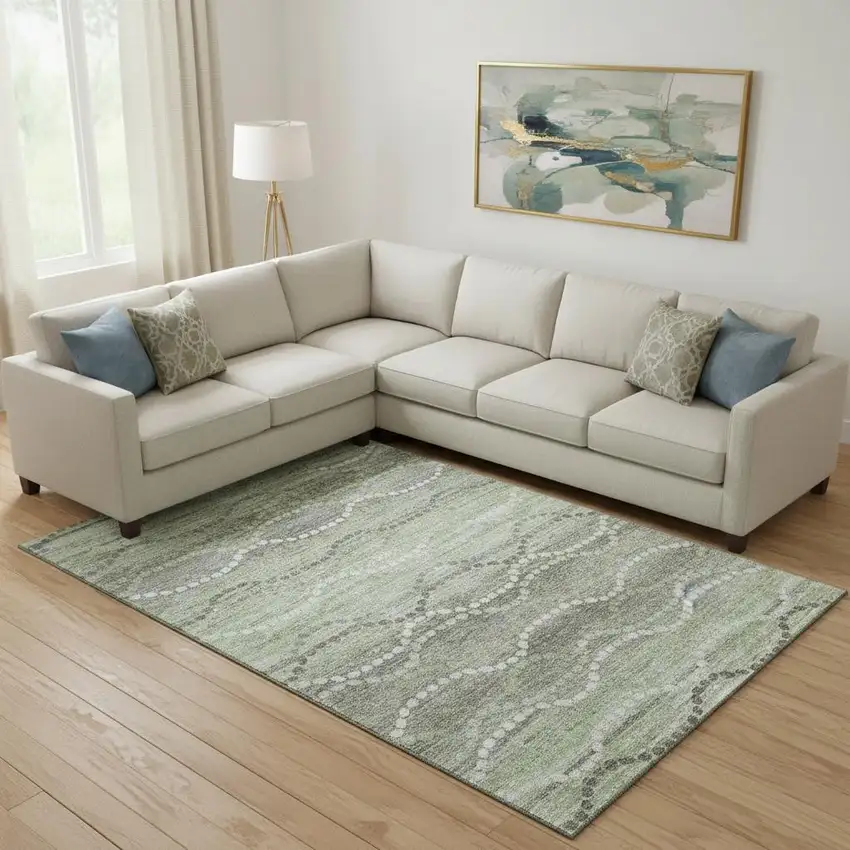 Green And Ivory Abstract Geometric Washable Area Rug With UV Protection Photo 2