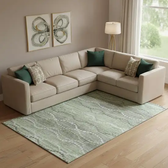 Green And Ivory Abstract Geometric Washable Area Rug With UV Protection Photo 2