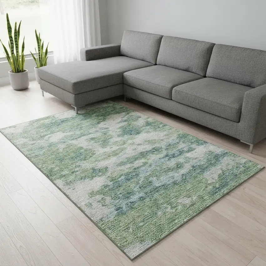 Green And Ivory Abstract Washable Area Rug With UV Protection Photo 1