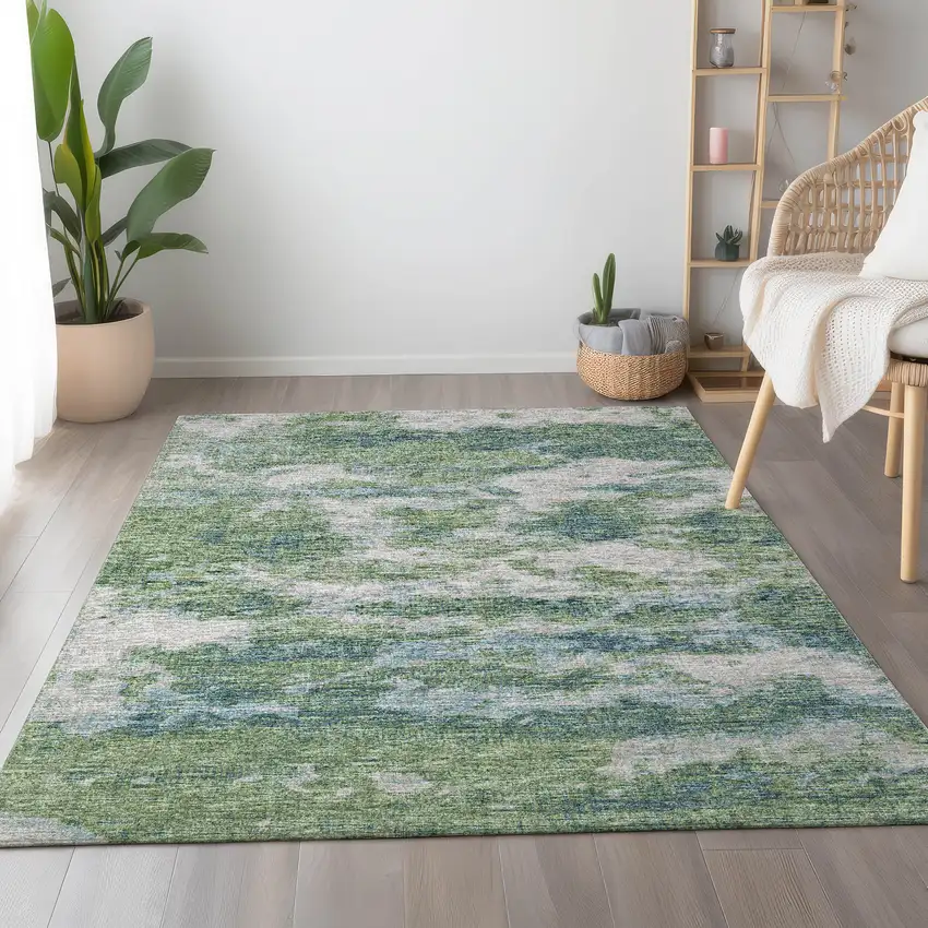 Green And Ivory Abstract Washable Area Rug With UV Protection Photo 4