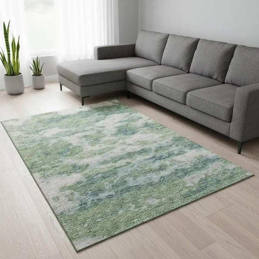Green And Ivory Abstract Washable Area Rug With UV Protection Photo 1