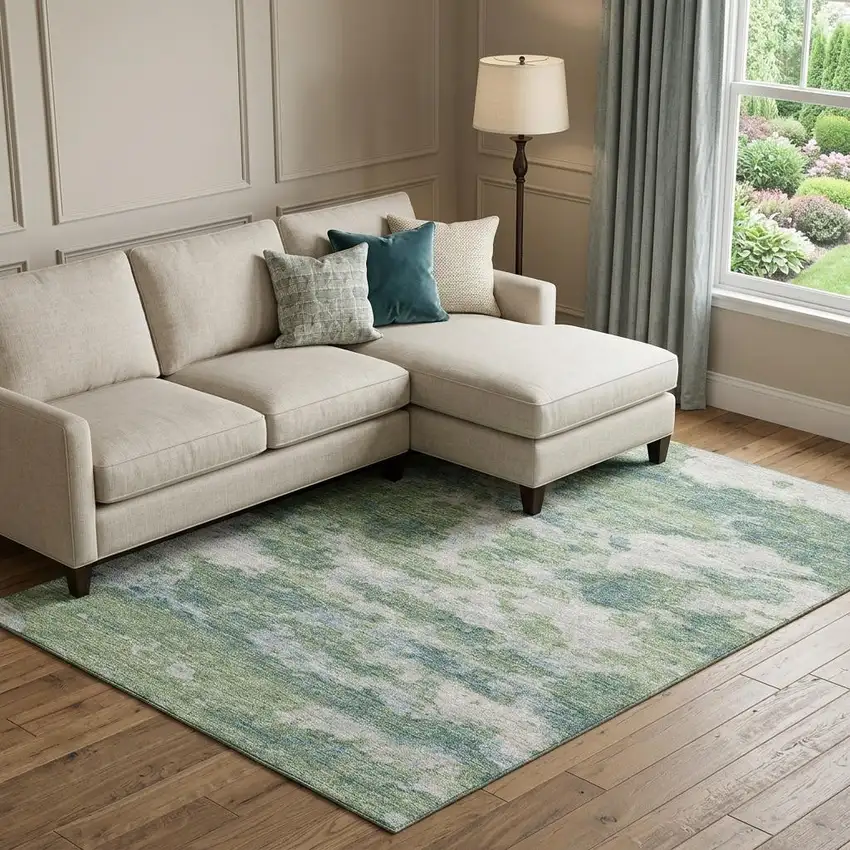 Green And Ivory Abstract Washable Area Rug With UV Protection Photo 1