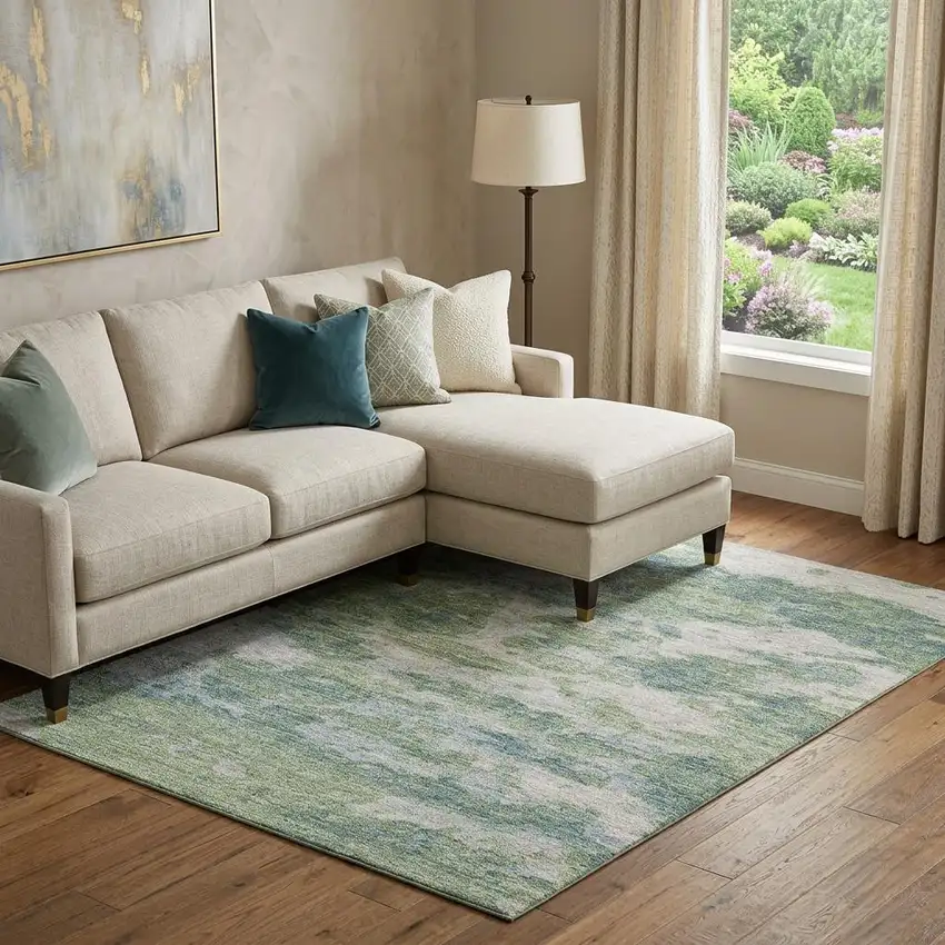 Green And Ivory Abstract Washable Area Rug With UV Protection Photo 1