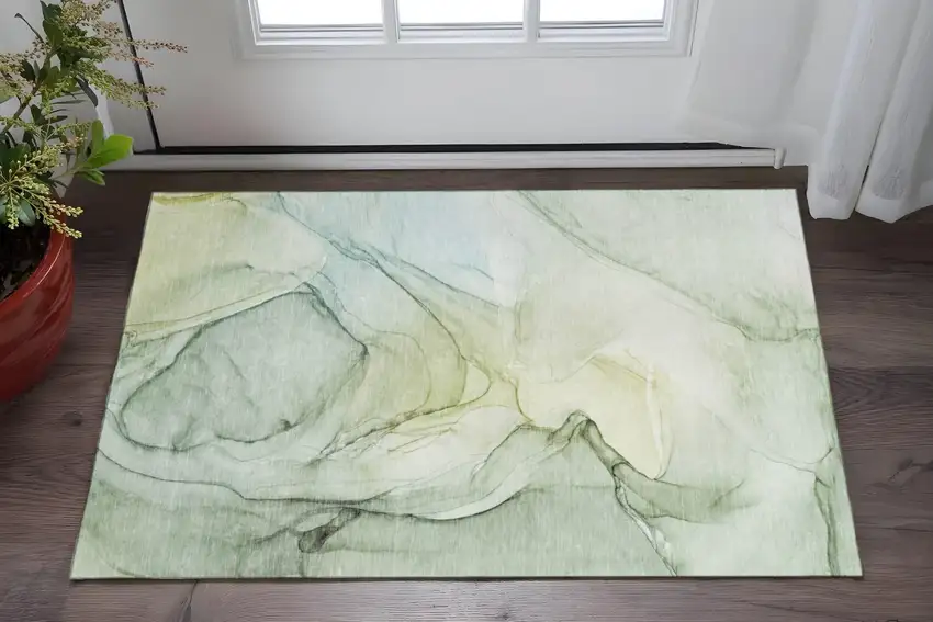 Green And Ivory Abstract Washable Area Rug With UV Protection Photo 2