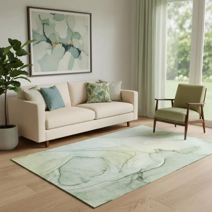 Green And Ivory Abstract Washable Area Rug With UV Protection Photo 1