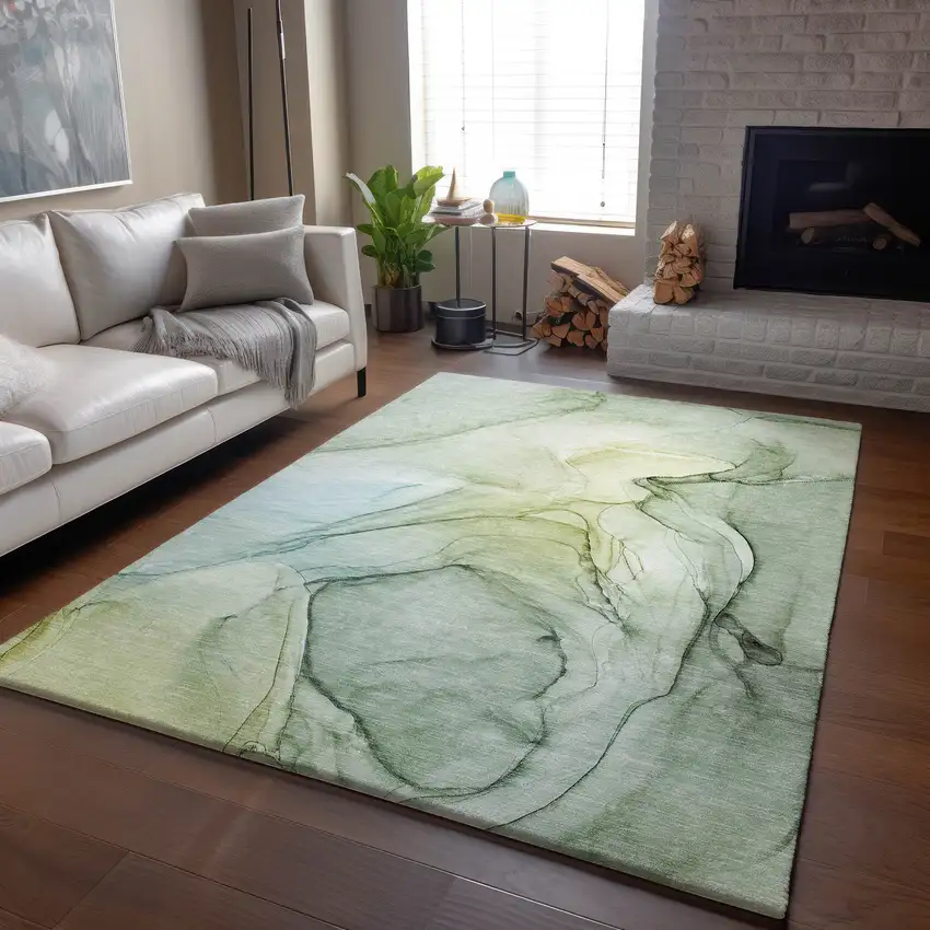 Green And Ivory Abstract Washable Area Rug With UV Protection Photo 7